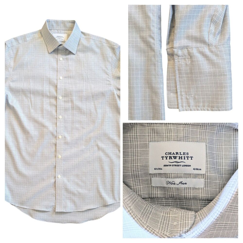 Charles Tyrwhitt Men's Dress Shirt 16.5-34 Gray Check French Cuff 100% Cotton